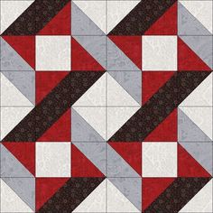 a red and gray quilt with white squares