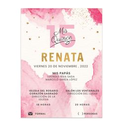 a pink and gold birthday card with the words,'15 quince renata '