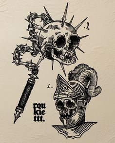 a drawing of two skulls with spikes on their heads and the words run like hell above them