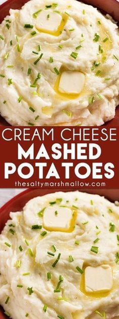 mashed potatoes with butter and parmesan cheese on top in a red bowl