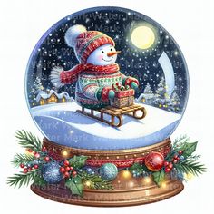 a snow globe with a snowman riding a sleigh