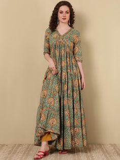 Green Viscose Rayon Ethnic Motif Print & Zari Detailing Angrakha Anarkali Kurta Angrakha Anarkali, Angrakha Style, Anarkali Kurta, Zari Work, Viscose Rayon, India Fashion, Womens Size Chart, Anarkali, Single Piece