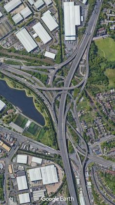 an aerial view of multiple roads and buildings