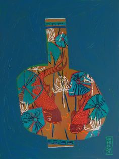 an abstract painting of a vase with umbrellas on the top and blue sky in the background