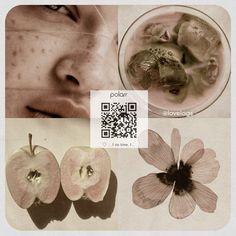 a collage of photos with flowers and fruit in them, including an image of a woman's face