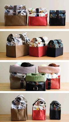 several bags are stacked on top of each other in different colors and sizes, with the bottom