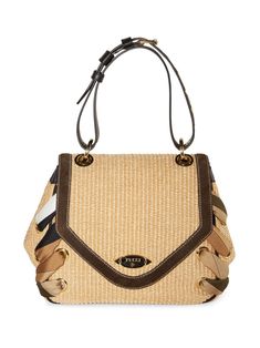 beige/brown/black cotton blend leather trim interwoven design appliqué logo lace-up detailing adjustable shoulder strap foldover top with magnetic fastening main compartment Luxury Brown Straw Bag With Leather Handles, Luxury Straw Bag With Leather Trim And Top Handle, Luxury Beige Shoulder Bag For Spring, Designer Brown Straw Bag With Woven Leather, Designer Brown Leather Woven Straw Bag, Designer Brown Woven Leather Straw Bag, Designer Brown Woven Straw Bag, Designer Brown Straw Bag With Handles, Brown Luxury Woven Shoulder Bag