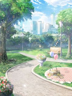 a park scene with a bench and picnic table