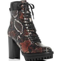 Vince Camuto Ermania Tri-Color Snake Skin Print Lace-Up Boots - New In Box. Offers Welcome. Black Snake Print Boots For Fall, Black Snake Print Ankle Boots, Brown Leather Snake Print Heels, Brown Leather Heels With Snake Print, Black Snake Print High Heels, Black Snake Print Heels With Round Toe, Stylish Fall Boots, Sherling Boots, Heel Combat Boots