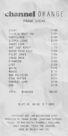 the receipt for frank ocean's concert at the fillmore auditorium in san francisco, california