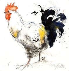 an ink drawing of a rooster with yellow and black spots on it's feathers