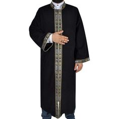 Elegant Prayer Jubba, lightweight and traditional looking will be a great use for Ramadan, Eids, Mawleed, Graduations, Wedding, Engagement or Daily Prayers- Ibrahim Jubbah -◦ Color: Black◦ Style: Bordered◦ Material: Cotton&PolyesterA gorgeous jubbah that will bring you to the forefront with the special bordered embroidery details.A perfect jubbah model for muslim mens who cares about their appearance and have a great taste and style.✤ Features ✤• Dominant collar• Half lined jubbah • Traditio Black Kaftan With Traditional Patterns For Eid, Traditional Black Kaftan For Ceremonies, Traditional Black Agbada With Dabka Detailing, Traditional Black Agbada For Ceremonies, Traditional Black Agbada With Dabka, Traditional Black Embroidered Thobe, Ceremonial Thobe With Traditional Patterns For Eid, Black Traditional Wear With Embroidered Border For Ceremonial Occasion, Black Ceremonial Kaftan For Eid