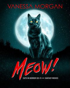 a black cat sitting in front of a full moon with the words meow on it