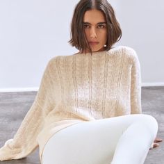 Boatneck Long Sleeve Sweater. Ecru | Chic Beige Soft Knit Sweater, Chic Cream Sweater With Soft Knit, Chic Cream Soft Knit Sweater, Beige Cozy Tops, Beige Cozy Fit Top, Cozy Beige Tops, Chic Cream Cable Knit Sweater, Chic Cream Sweater With Soft Texture, Cream Relaxed Fit Sweater For Fall