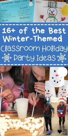 the best winter - themed classroom holiday party ideas for kids and adults, including marshmallows