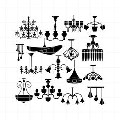 the silhouettes of chandeliers and lamps are shown in black on a white background