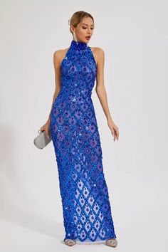 Louise Blue Diamond Maxi Dress Blue Maxi Dress For Party During Prom Season, Glamorous Sequined Floor-length Evening Dress, Blue Floor-length Evening Dress For Gala, Glamorous Floor-length Sequin Evening Dress, Sequin Maxi Length Gown For Party, Glamorous Sleeveless Evening Dress, Sequined Maxi Gown For Party, Sequin Gown For Party, Blue Gown For Prom Season Party