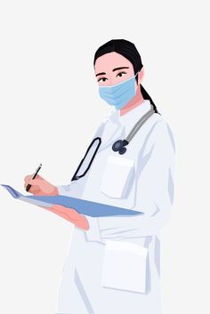 a female doctor wearing a face mask and writing on a clipboard