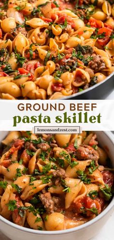 ground beef pasta skillet in a white pan with parsley on top and the title above it