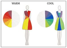 three different colored dresses on mannequins with the words warm, cold and cool