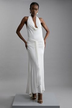 Fitted Draped White Dress, White Fitted Draped Dress, White Fitted Pre-draped Maxi Dress, Back Cowl Dress, Cowl Neck Maxi Dress, Latest Maxi Dresses, Winter Wedding Guest Dress, Spring Wedding Guest Dress, Maxi Dress Collection