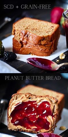 peanut butter bread with jelly and berries on the side is shown in three different pictures