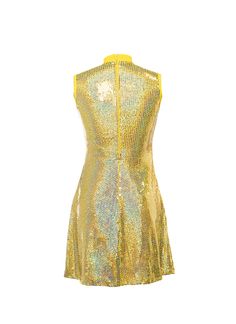 This gorgeous Yellow Spotlight Sewn-On Sequin Show Choir Dress has roomy hips to hem so dress stays down while dancing. Flattering cut gives no-cling shape and strong coil zipper assists in quick costume changes. Add a 4-row stretch rhinestone trim to neckband for total effect! Limited edition material. Show Choir Dress Features Sturdy zipper in back from hips to top of collar for fast on/off Comfortable binding around armholes Lined in soft knit polyester Includes color-matching high waist brie Yellow Fitted Dress For Party Season, Spring Sleeveless Stretch Sequin Dress, Gold Fitted Disco Dress, Spring Fitted Knee-length Sequin Dress, Fitted Sequin Dance Dress, Fitted Sequin Dress For Dance, Gold Sequin Stretch Dress, Sleeveless Party Dress For Dance Season, Gold Stretch Dress For Fall