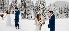 a man and woman walking in the snow holding hands