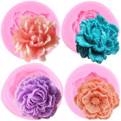 four different types of flowers are shown in pink, blue, and orange molds