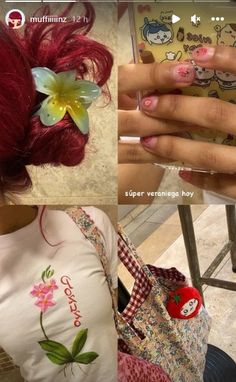 four different pictures of women with red hair and flowers in their hair, one is holding a cell phone