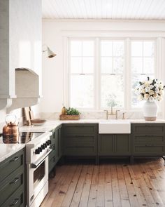 a kitchen with green cabinets and white counter tops is pictured in this image, there are flowers on the window sill