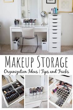 Tips and ideas for makeup storage and organization. Simple, cheap and even DIY ways to organize your vanity area! #vanity #makeup #makeupstorage #makeuporganization #makeupcollection Bathroom Organization For Makeup, Make Up Cabinet Ideas, Dressing Room Vanity Ideas, Make Up Vanity In Bedroom Modern, Beauty Vanity In Bedroom, Small Makeup Area, Organization Ideas Makeup, Makeup Vanity Ideas Bedrooms, Storage And Organization Ideas