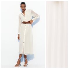 Nwt. Zara Ecru Pleated Midi Dress With Belt. Dress With Lapel Collar And Long Sleeves. Contrasting Buckle Belt. Elastic Waist. Interior Lining. Front Button Closure. Size L. Ref. 8372/089. Pit To Pit 21" Flat, Shoulders 15,5", Sleeves 23,5", Waist 15,5", Length 52". Off White Long Sleeve Midi Dress For Day Out, Chic White Shirt Dress For Formal Occasions, Elegant Cream Shirt Dress For Daywear, Off White Long Sleeve Dresses For Daywear, Cream Midi Shirt Dress For Spring, Cream Midi Shirt Dress For Summer, Zara White Midi Dress For Work, Zara Cream Maxi Dress For Brunch, Feminine Cream Midi Dress For Work