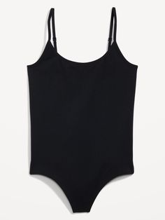 Adjustable shoulder straps.  Scoop neck.  Covered snap fastening at gusseted inseam.  Seamless jersey, with comfortable stretch.  Fitted through body.  Models are approximately 5'9" and are wearing sizes S (numeric size 4), L (numeric size 12), and X Black Bodysuit With Built-in Bra And Tank Straps, Summer Shaping Seamless Bodysuit, Solid Bodysuit With Stretch And Tank Straps, Solid Color Stretch Cami Swimwear, Black Tank Strap Bodysuit With Built-in Bra, Solid Stretch Bodysuit With Tank Straps, Seamless Second-skin Bodysuit With Spaghetti Straps, Seamless Camisole Bodysuit, Black Tank Bodysuit With Built-in Bra