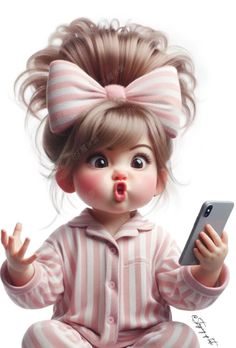 a digital painting of a baby girl holding a cell phone and making a funny face