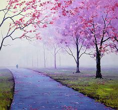 a painting of a person walking down a path between two trees with pink flowers on them