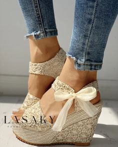 Lasaky - Bowknot-Embroidered Platform Espadrille Wedge Sandals: A Stylish and Trendy Choice Hak Tinggi, Ankle Wrap Heels, Women Wedges, Lace Wedges, Lucet, Platform High Heel Shoes, High Heels Shoes, Platform Espadrilles, Shoes Heels Wedges