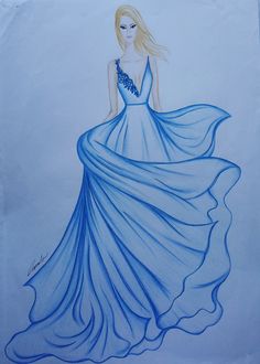 a drawing of a woman in a blue dress