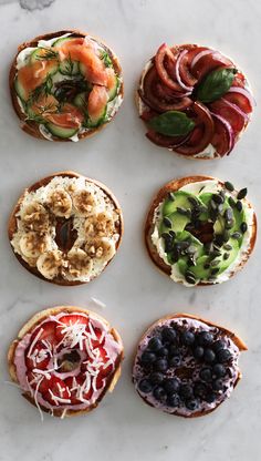 six different types of sandwiches with toppings on them