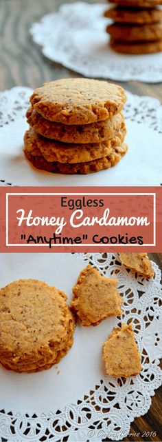 some cookies are stacked on top of each other with the words honey caramel in front of them