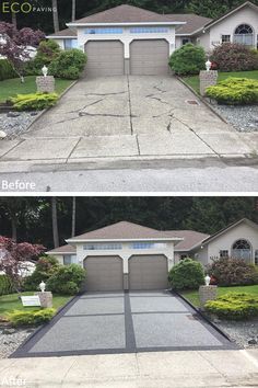 before and after photos of a driveway in front of a house that has been cleaned