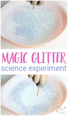 two plates with glitter on them and the words, magic glitter science experiment