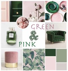 green and pink collage with various items