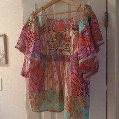 Woman's Top, Brand, Modaposa, Size Large, Very Colorful, Flirty, Fun, Sexy, Off The Shoulder With Bell Sleeves. New With Tags. Lots Of Nice Quality Detail With Tassels, Embroidery And Sequins, Etc. Sale Price I Paid Was $35.00 Originally $50. Beachwear V-neck Top For Festivals, Multicolor V-neck Peasant Top For Festival, Spring Beachwear Top With Vibrant Print, Floral Print V-neck Peasant Top For Beach, Fitted Multicolor Print Beach Top, Floral Print V-neck Beachwear Top, Beachwear V-neck Tops For Festival, V-neck Beachwear Tops For Festival, Multicolor Print Beachwear Top For Summer