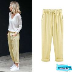 Casual High-waisted Harem Pants For Spring, Casual Beige Harem Pants For Work, Beige Harem Pants For Workwear In Spring, Baggy Yellow Bottoms For Spring, Yellow Baggy Bottoms For Spring, Yellow Ankle-length Harem Pants With Pockets, Yellow Pants With Pockets For Day Out, Yellow Harem Pants With Pockets For Summer, Casual Yellow Bottoms For Spring