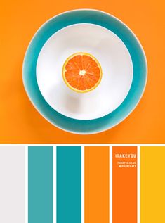 a plate with an orange slice on it in front of a color swat list for the pantone board