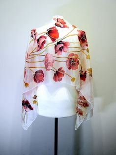 Neck scarf Firebird and Red Poppies  boho silk scarves hand White Silk Shawl Scarf, One Size, White Shawl Scarves As Gift, White Silk Scarf Shawl, White Silk Shawl Scarf For Summer, White One Size Silk Scarf For Summer, Red One-size Shawl As Gift, Artistic Hand Painted Red Silk Scarf, White Silk Shawl Scarf, White Silk Scarf As A Gift