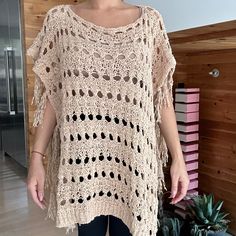 - Size: S Us - Fits Larger - 77% Cotton/ 23% Nylon - Made In Italy Beige One Size Poncho For The Beach, Casual Beige Poncho For Vacation, Chic Fall Poncho For Beach, Chic Beach Poncho For Fall, Chic Fall Beach Poncho, Casual Beige Spring Poncho, Chic Summer Poncho One Size, Casual Poncho For Beach Cover-up In Fall, Chic One-size Summer Poncho