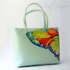 Painted Leather Purse, Painted Canvas Bags, Painted Leather Bag, Hand Painted Purses, Painted Purse, Canvas Bag Design, Paint Flowers, Big Butterfly