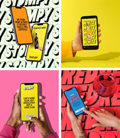 four different images with text on them and two people holding cell phones in their hands